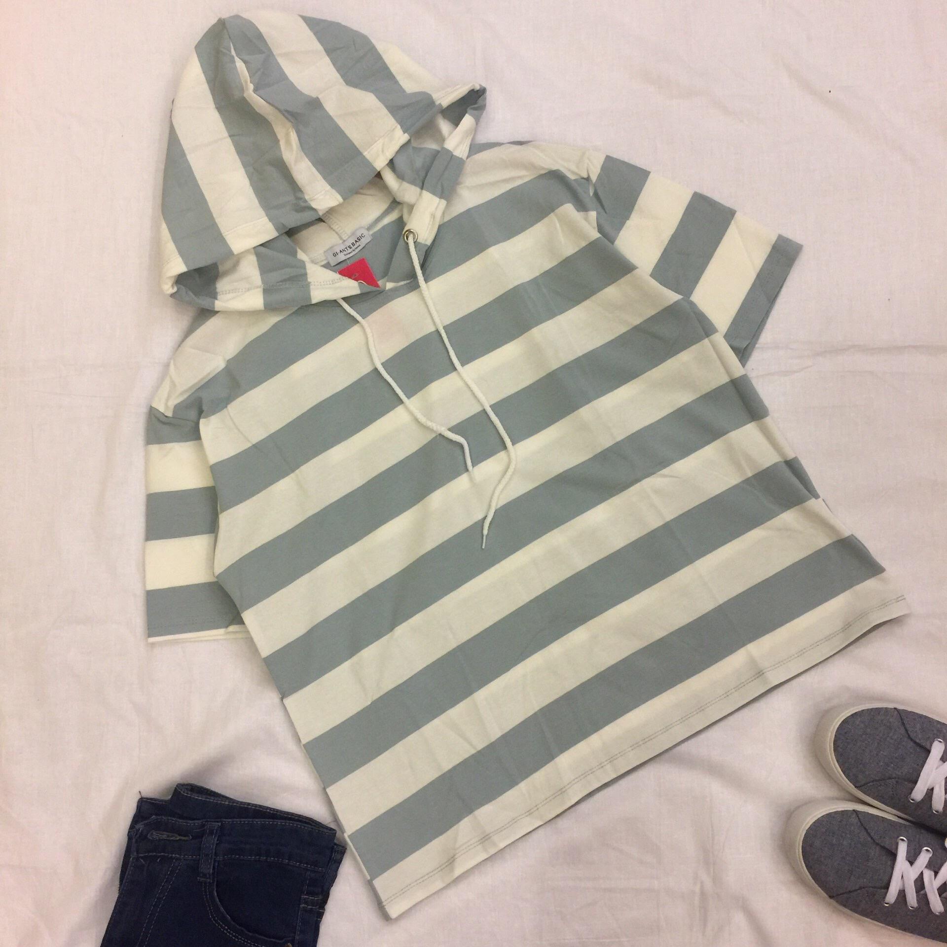 Women Striped Short Sleeve Hoodie: Buy 