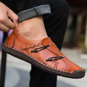 men's hand stitching stylish soft sole slip on loafers casual leather shoes