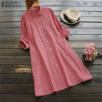 red and black check shirt dress