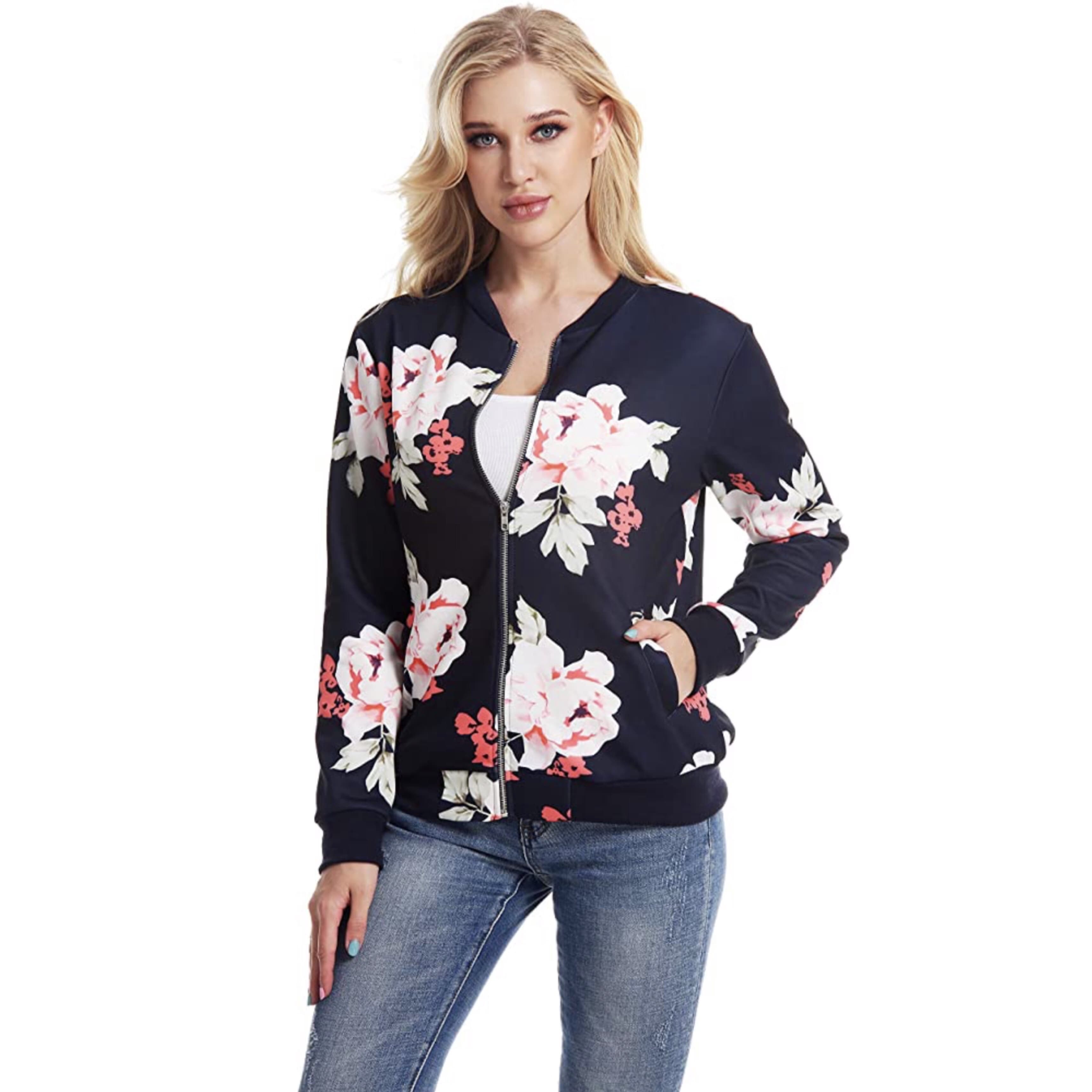navy floral bomber jacket