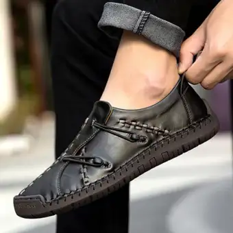 men's hand stitching stylish soft sole slip on loafers casual leather shoes