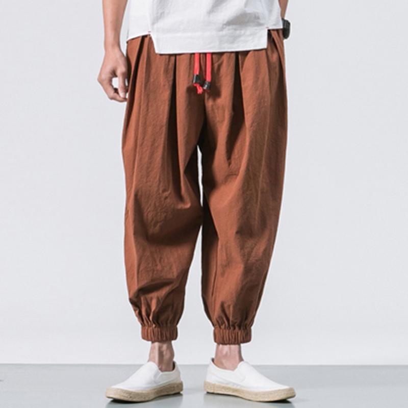 mens solid color baggy loose drawstring casual cotton harem pants